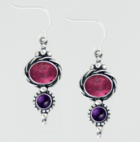 Sterling Silver Drop Dangle Earrings With Pink Tourmaline And Amethyst